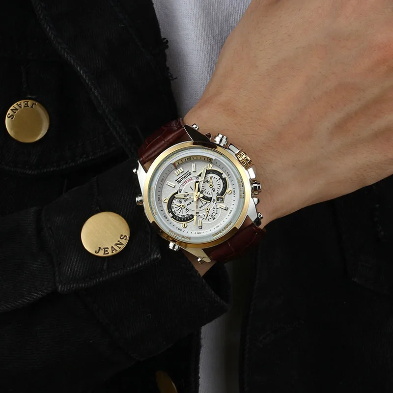 

TEMEITE Fashion White Golden Quartz Watch Waterproof Leather Band Casual Men Watches Luminous Hand Business Sports Date Clock