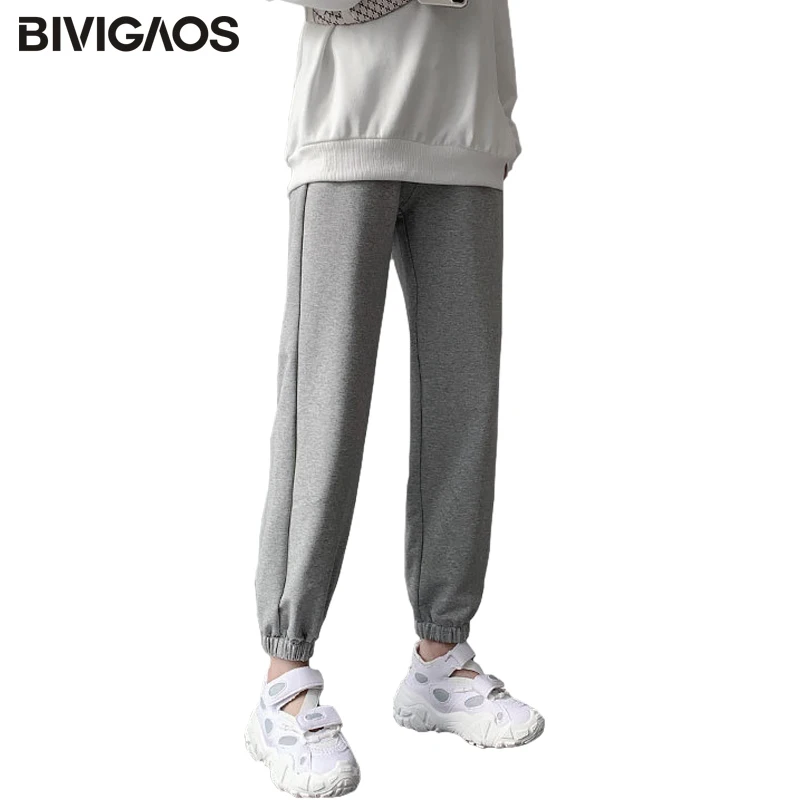 

BIVIGAOS New Women Cotton Gray Sweatpants Loose Casual Harem Pants Simple Lace Up Solid Color Home Sport Pants Fall Spring