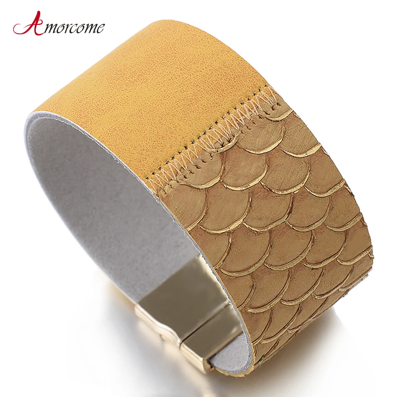 Женский Многослойный кожаный браслет Amorcome с разноцветными рыбьими весами