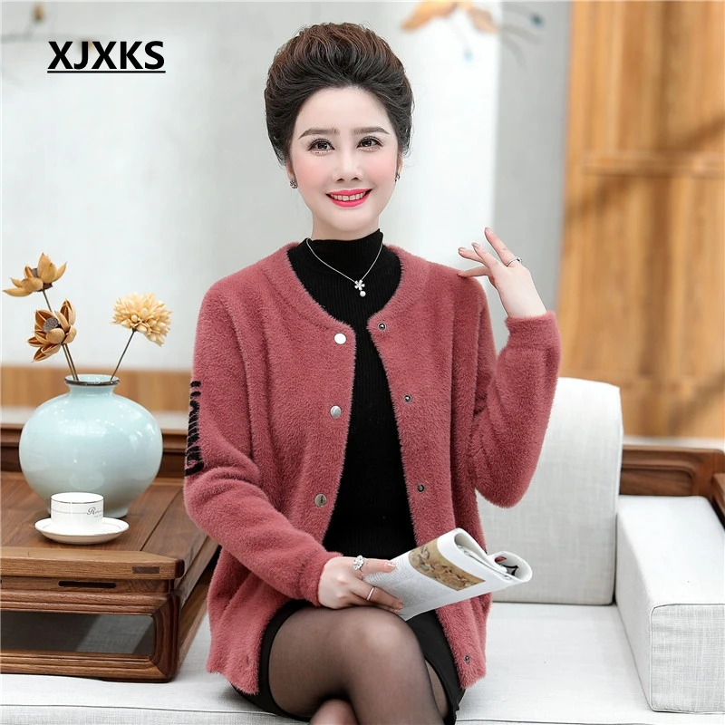 XJXKS Sueter Mujer Invierno плюс размер кардиган Повседневный круглый вырез длинный рукав однобортный пушистый женский свитер пальто - Цвет: Leather Red