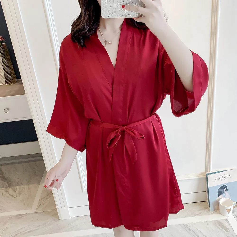 

Chinese Red Women Wedding Robe Summer New Satin Sleepwear Female Kimono Bathrobe Gown Casual Nightwear V-neck Sexy Home Clothing
