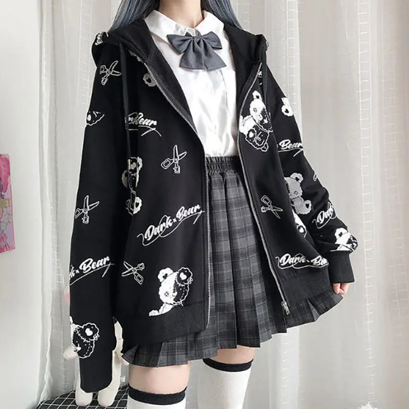 

Black Cool Gothic Sweatshirt Women Harajuku Streetwear Goth Hoodies Women Anime Teens Pullover Oversized Tops Zip Up Hoodie s026