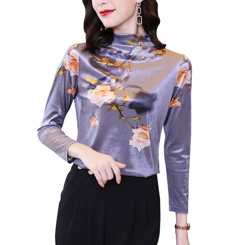 

2021 New Autumn Winterr Women Loose T Shirt Women Long Sleeve Half High Collar Top T Shirt Fashion Vintage Print Tops Y148