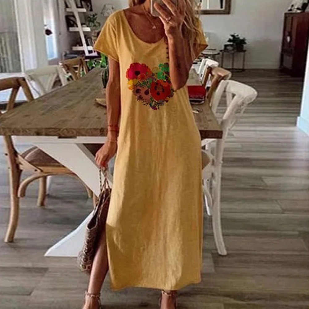 

Women Vintage Butterfly Daisy Print Summer Dress 2021 O Neck Short Sleeve Party Dress Ladies Fashion Slit Long Dress Vestidos