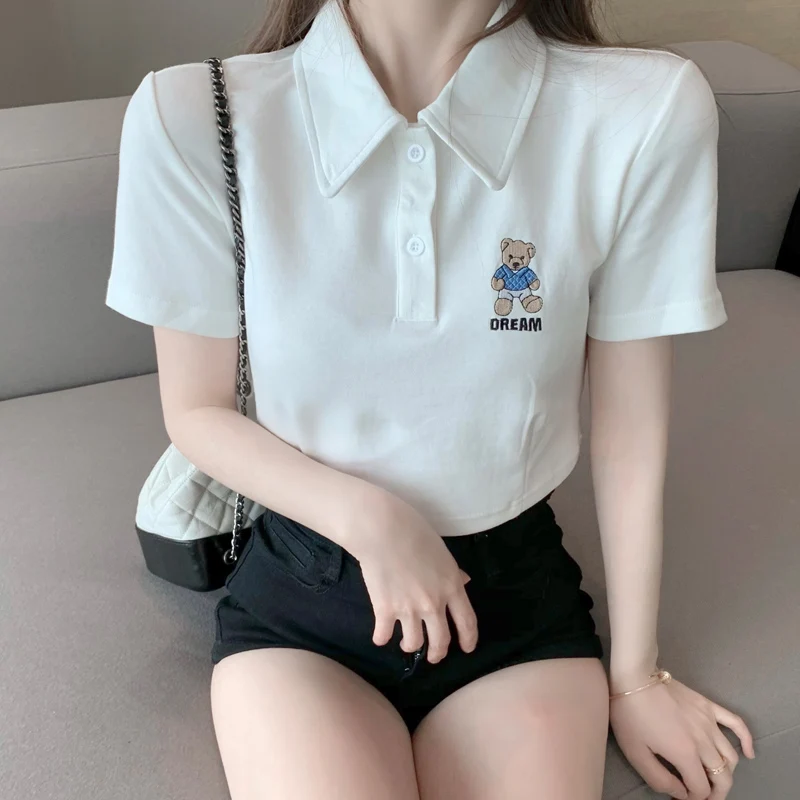 

Популярный женский топ в Корейском стиле, облегающая и подходящая ко всему футболка-поло с рукавом «Медвежонок» и воротником, белая пупчата...