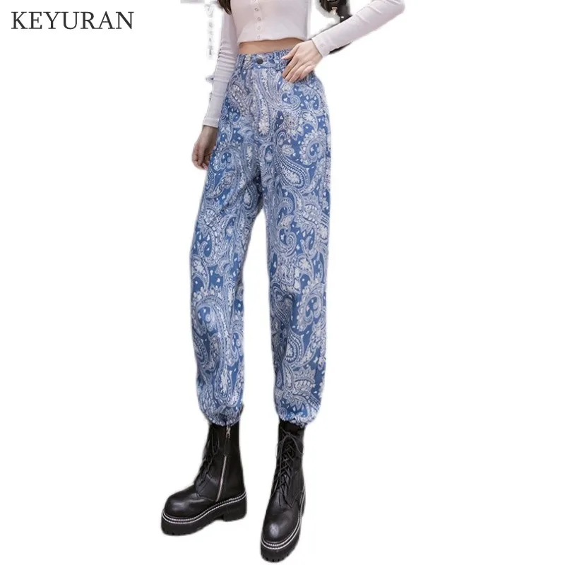 

Fashionable Trend Women Jeans High Waist Loose Straight Pants 2021 Printed Casual Female Long Trousers Large Size Mom Long Pants