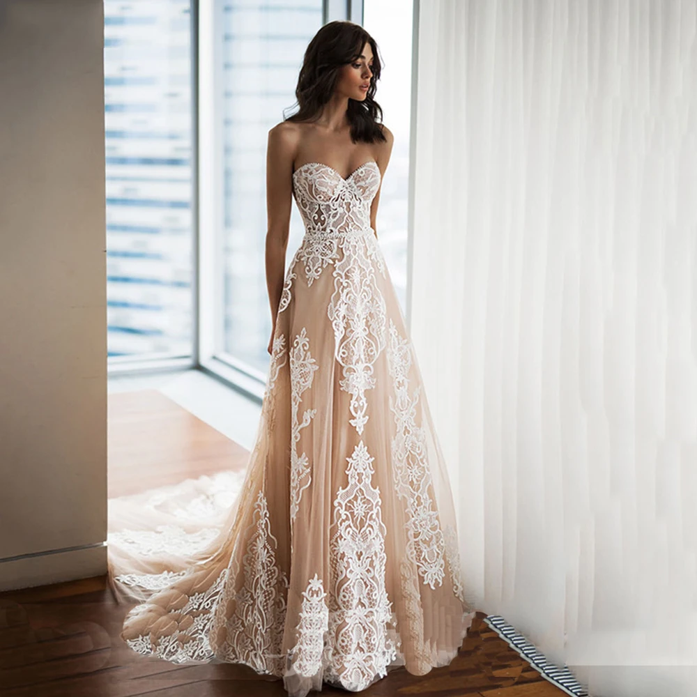 

Champagne Wedding Dresses A-Line Sweetheart Sleeveless Backless Lace Appliques 2021 Tulle Bride Gowns Vestido De Noiva