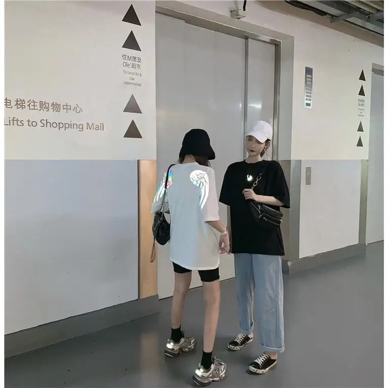 INS, хит, светоотражающая Футболка с принтом крыльев, Harajuku, мужская, женская, модная, Grilfriend, оверсайз, с коротким/длинным рукавом, одежда для пар, лучший подарок
