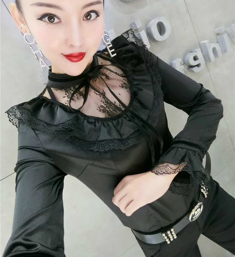 Женские Ажурные кружевные Атласные Рубашки офисные женские атласные пуловеры с