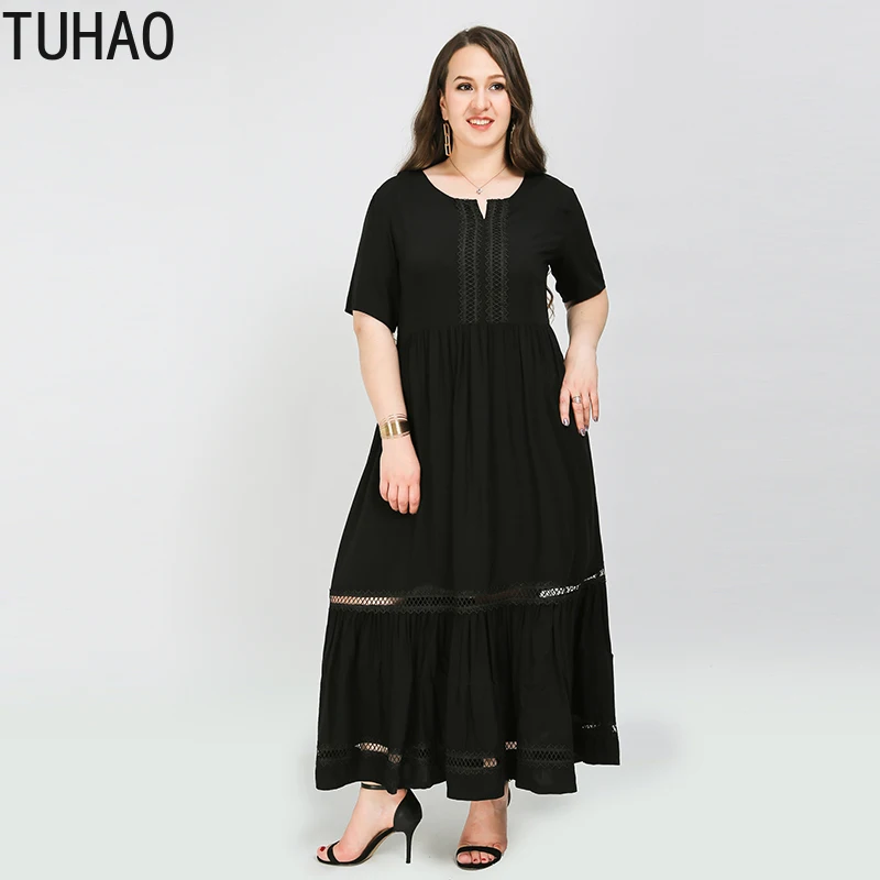 

TUHAO 2020 Summer black casual dress plus size 8XL 7XL 6XL female dresses hollow out woman party mother mom dress clothes WM68