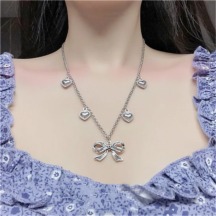 

Harajuku Heart Bow-knot Metal Pendant Necklace For Women Girl Cute Gifts Vintage Choker Necklace Fashion Statement Jewelry New