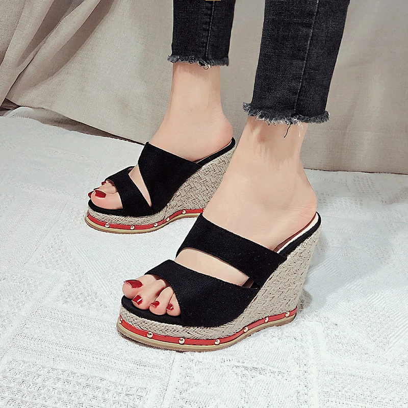 

EGONERY Women Slope Heel Sandals Slipper summer Fashion New Style Concise Comfortable Mature Peep Toe Solid color Multicolor