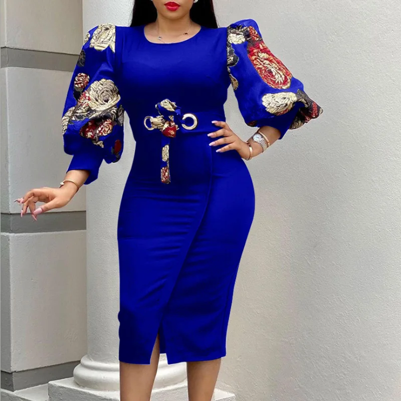 

Fashion Office Lady Lantern Long Sleeve Dress Spring Autumn Elegant O Neck Party Dress Women Floral Print Midi Slim Dress Mujer