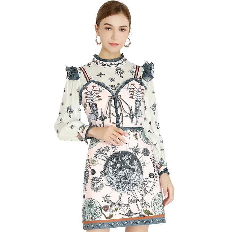 

Fashion Girly Temperamental Patchwork Ruffled Bandage Stitching Printing Top A- line Skirt Suit Women's Clothing