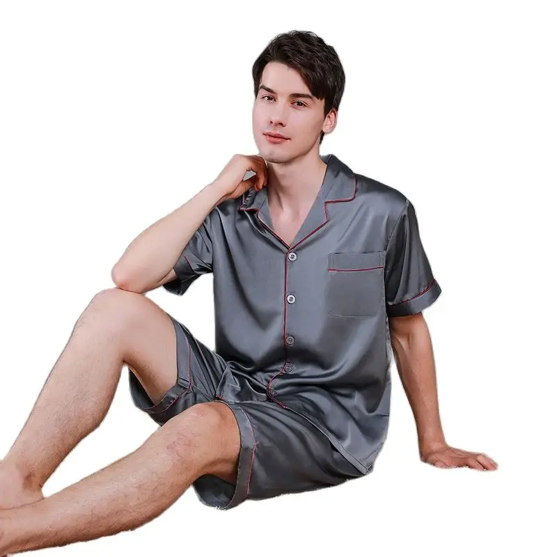 Fashion Men's Silk Satin Pajama Set Solid Color Short Sleeve Button T-Shirt Top with Elastic Belt Boxer Shorts Pajamas%100
