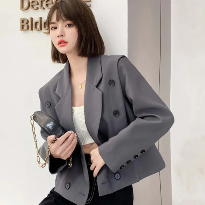 

LANMREM New British Style Double Breasted Suit Loose Silhouette Grey Blazer Coat Autumn 2021 Female Fashion 2T1366