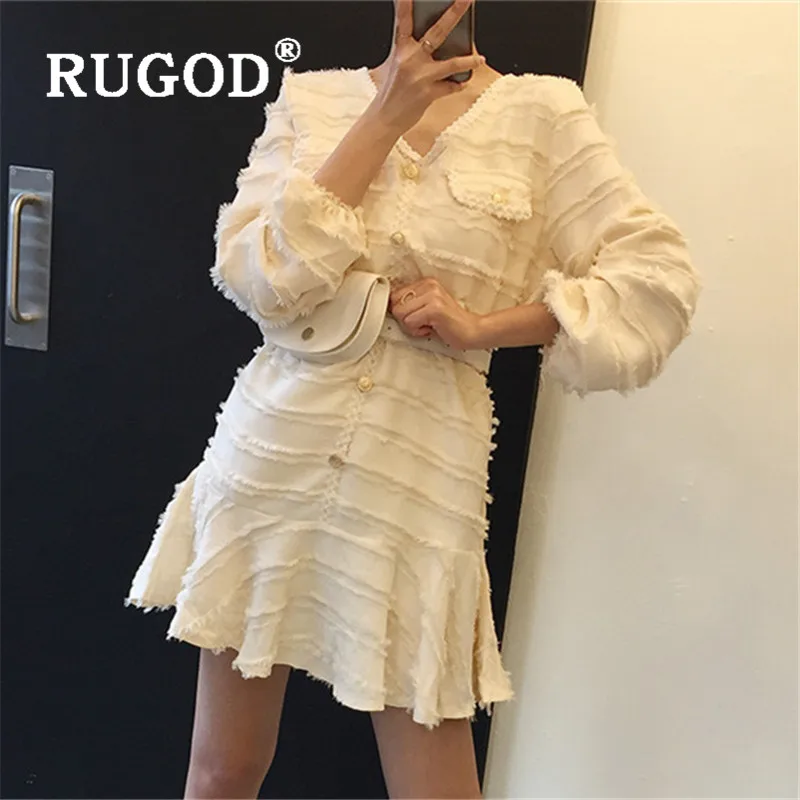 RUGOD корейское винтажное платье для женщин v образный вырез рукав фонарик