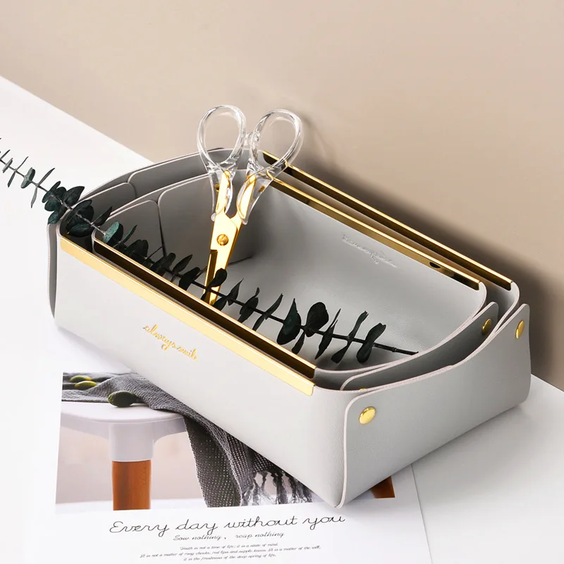 

Creative Leather Home Storage Basket Porch Bedroom Living Room Bathroom Drawer Desktop Cosmetic Toy Tray PU Folding Storage