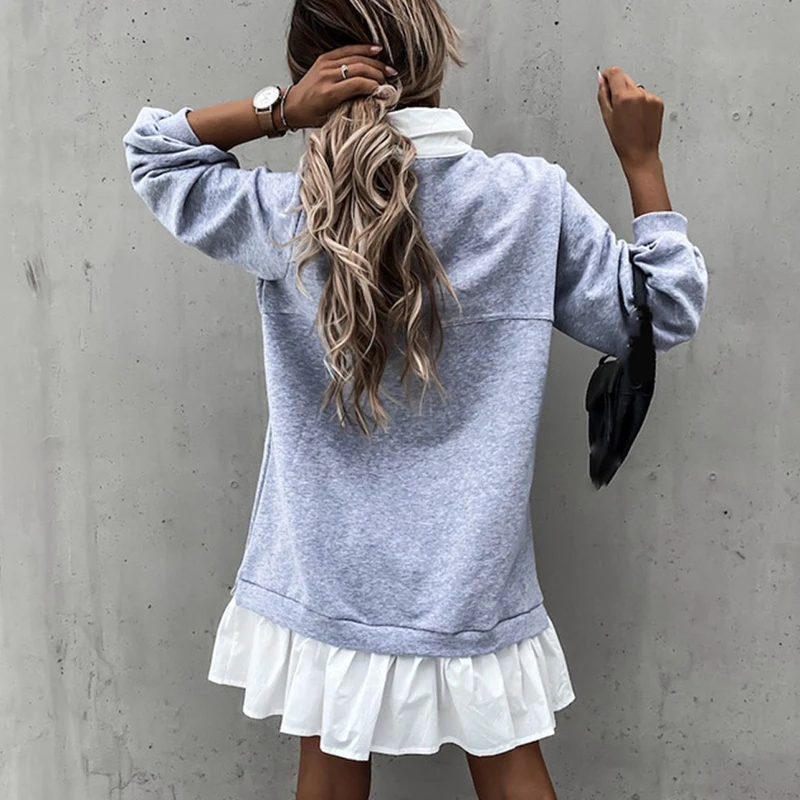 

2021 Spring New Loose Sweatershirt Dress Ruffle Patchwork Pocket Turn-down Collar Dresses Ladies Long Sleeve Hoodies Shirt Dress