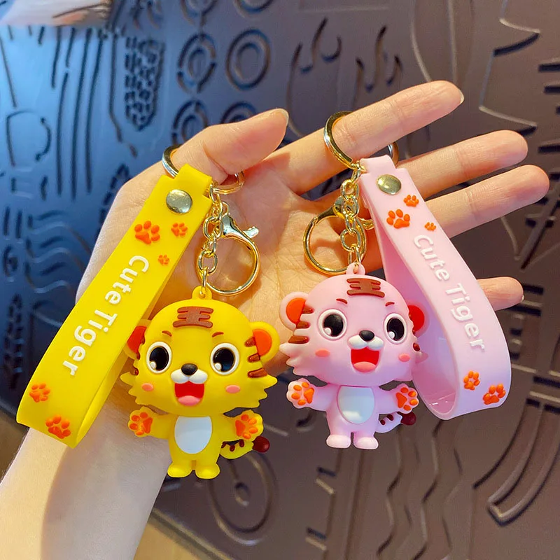 Cartoon silicone Pink yellow Cute small Tiger Key Chain For Women Kawaii big eyes Keychain Fashion Bag Keyring Charm Gift |