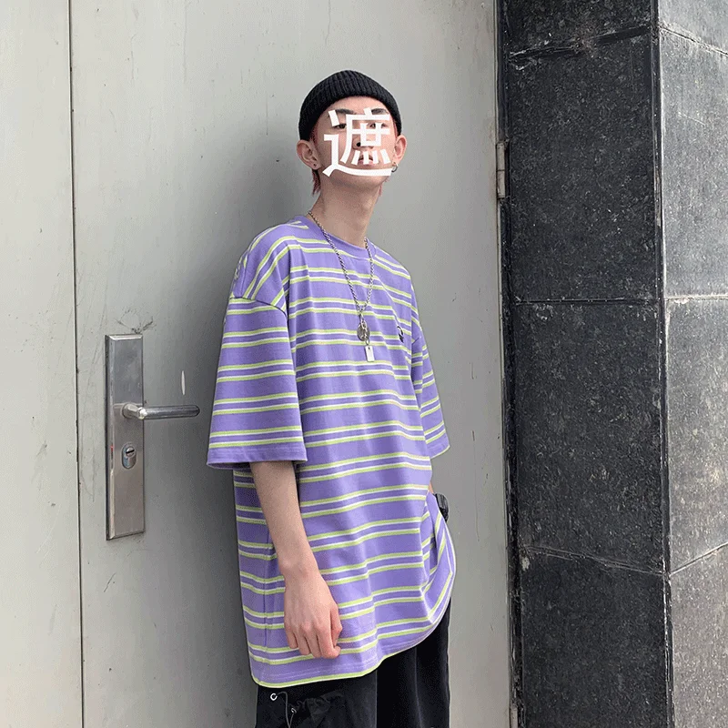Летняя футболка в полоску большого размера 2020 Мужская свободная Корейском стиле