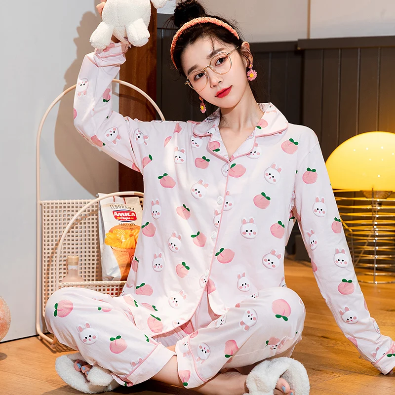 

JRMISSLI Woman Kawaii Pyjama Sets Print Striped Pattern Lapel Long Sleeves Shirt Long Pants Pajamas Two-piece Homewear Suit