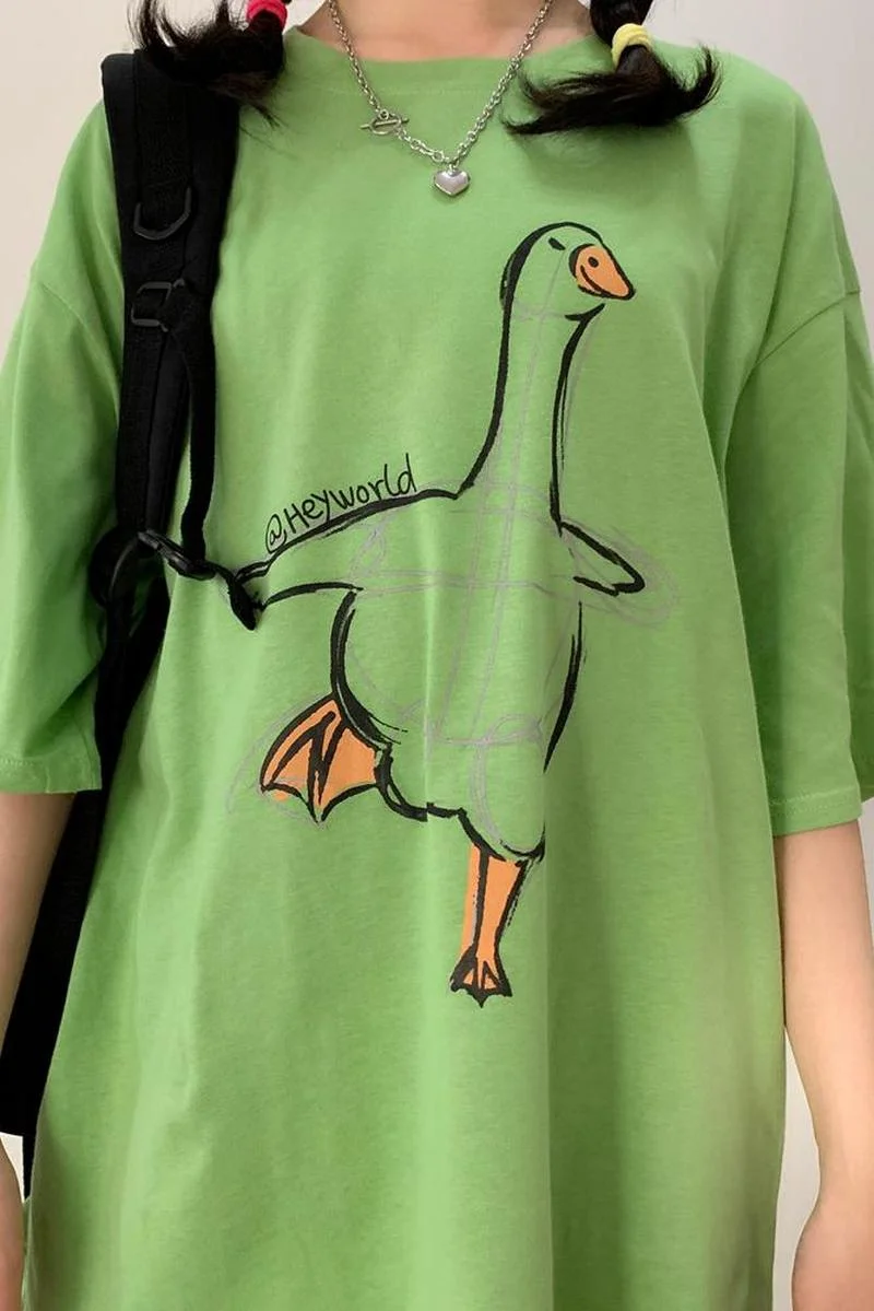 

Minimalism New Summer Women's Clothing Oversize Printed Duck Funny Harajuku Trend Fashion O-Neck Short Sleeve Tops Loose Tees