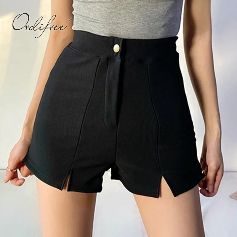 

Ordifree 2021 Summer Women Black Shorts High Waist Slit Faishon Casual Streetwear Fitness Biker Shorts