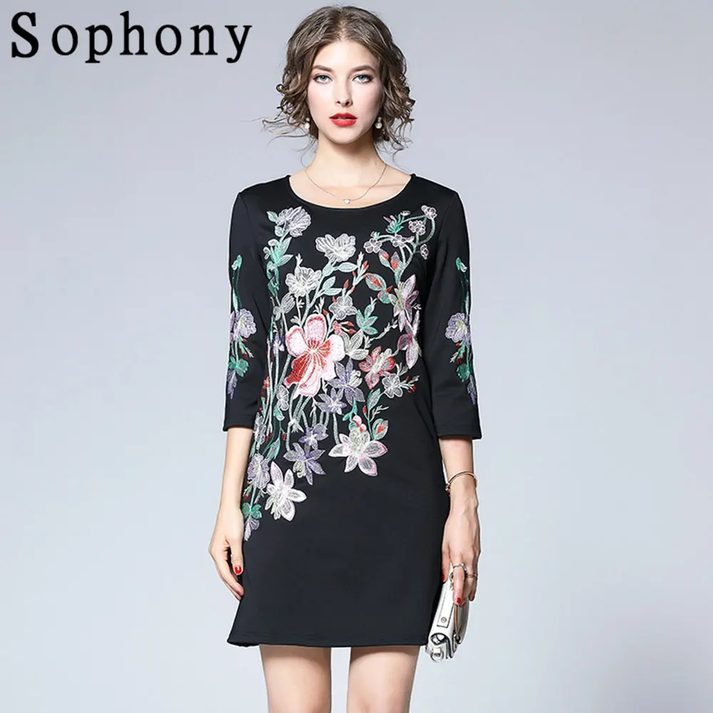 

2021 Runway Office Lady Embroidery Dress Female Elegant O Neck Half Sleeve Party Mini Dress Autumn Spring Woman Clothing S62021