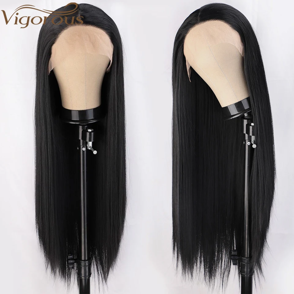 

Vigorous Synthetic Long Straight Lace Front Wig Black Lace Wigs For Women 13X6 Lace Wig Heat Resistant Fake Hair