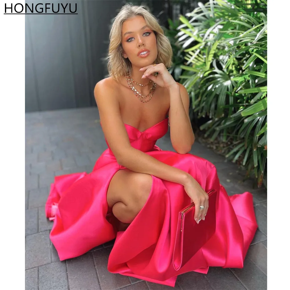 

HONGFUYU Sweetheart Fuchsia Side Split Prom Dresses A Line Satin Custom Made vestidos Evening Dress Floor Length