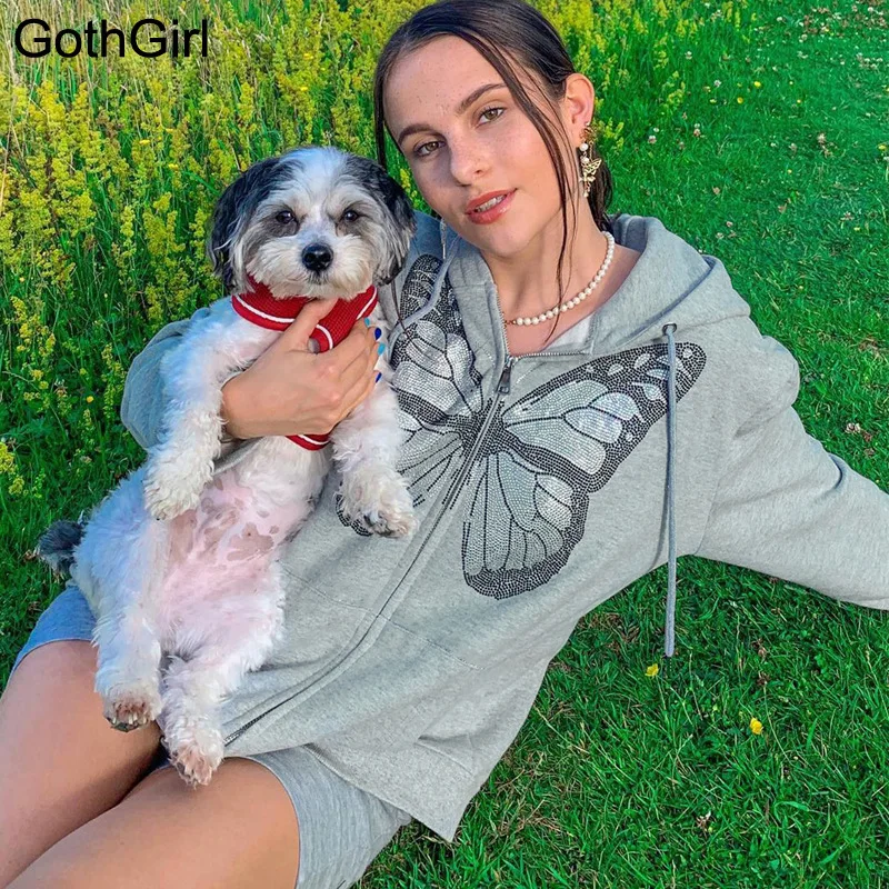 

Уличная мода Y2K, модные толстовки большого размера с рисунком бабочки, на молнии, длинная осенняя куртка для E-girl 90-х