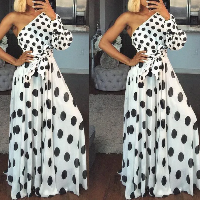 

2021 European and American new style women's dress one-shoulder sleeve polka-dot slim long dress