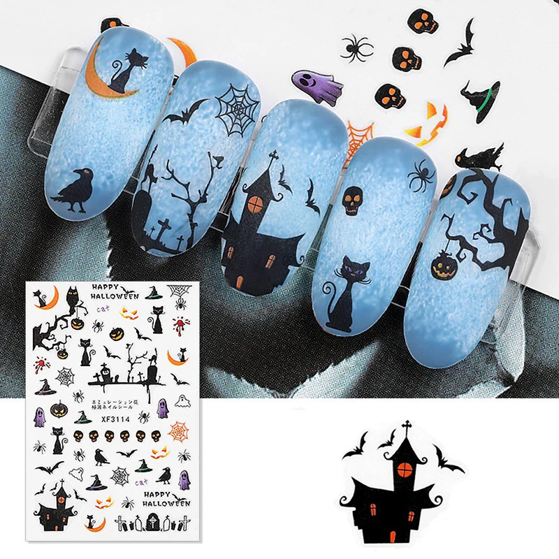 1 лист 3D Хэллоуин серии паук веб Черный кот летучая мышь Тыква дизайн лица клейкие