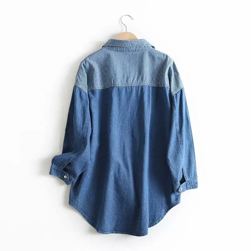 

Spring Autumn Women Plus Size Denim Blouse Turn-Down Collar Loose Patchwork Long Ladies Shirts Blouses Blue Female Blouse Top
