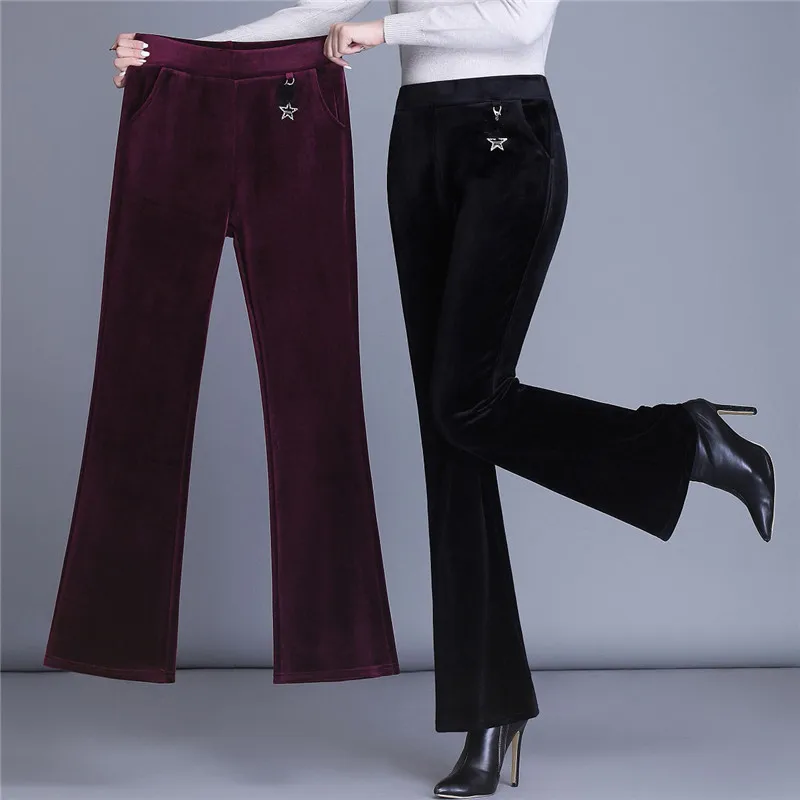 

Gold Velvet Bell Bottom Pants Women's Elastic High Waist Long Trousers 2020 Autumn Winter New Casual Velvet Warm Pants 2273
