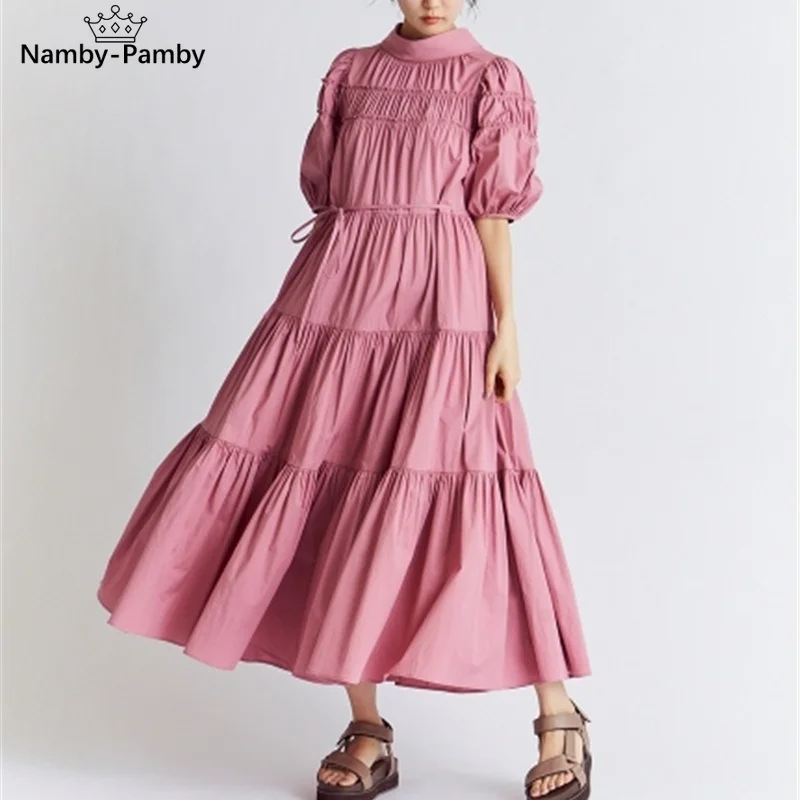 

Sweet Puff Short Sleeve Draped Design Dresses Elegant High Waist Ball Gown Vestidos Summer Stand Collar Drawstring Woman Dress