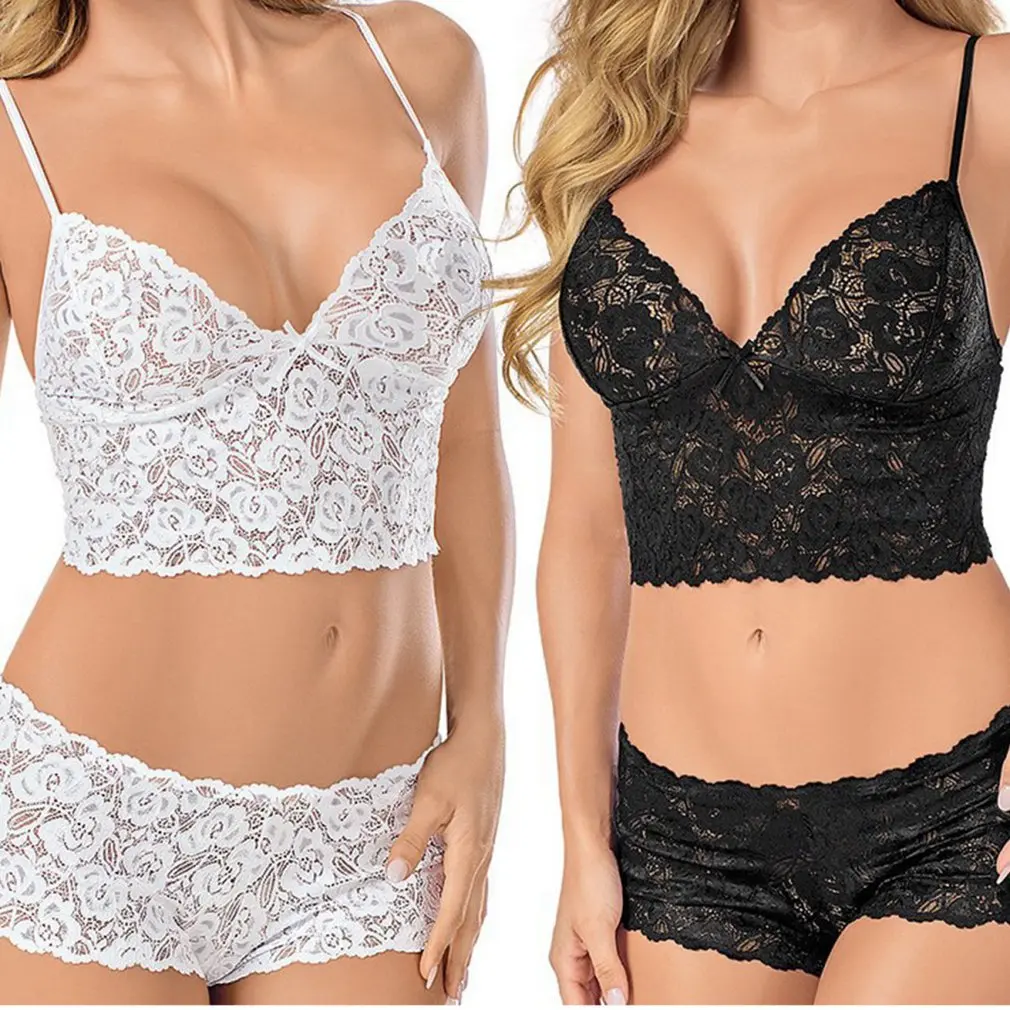 Sexy lace sexy underwear transparent sling three-point wrapped chest boxer pajamas set white | Тематическая одежда и