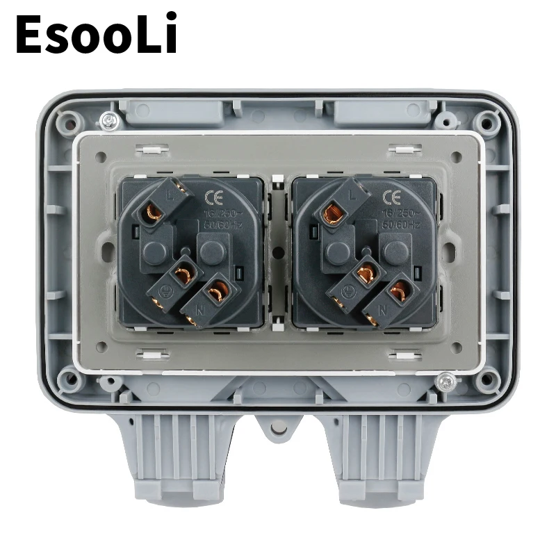 Esooli IP66 Weatherproof Waterproof Outdoor Wall Power Socket 16A Double EU Standard Electrical Outlet Grounded AC 110~250V |