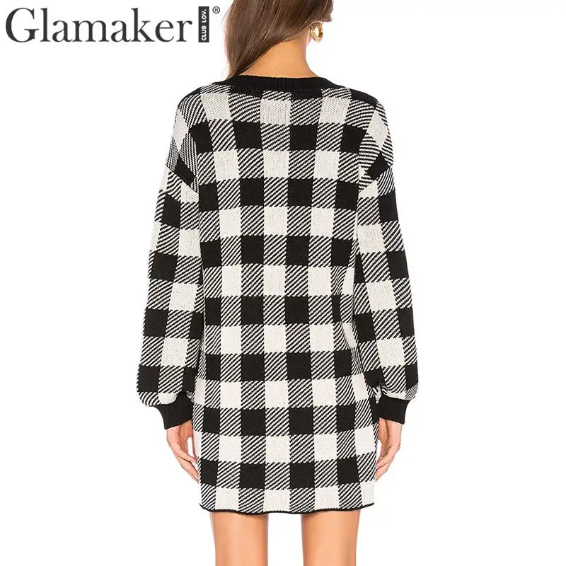 Glamaker вязаное клетчатое мини-платье с длинными рукавами и фонариками женское Элегантное повседневное облегающее платье Осенняя коллекция зимнее винтажное офисное женское платье