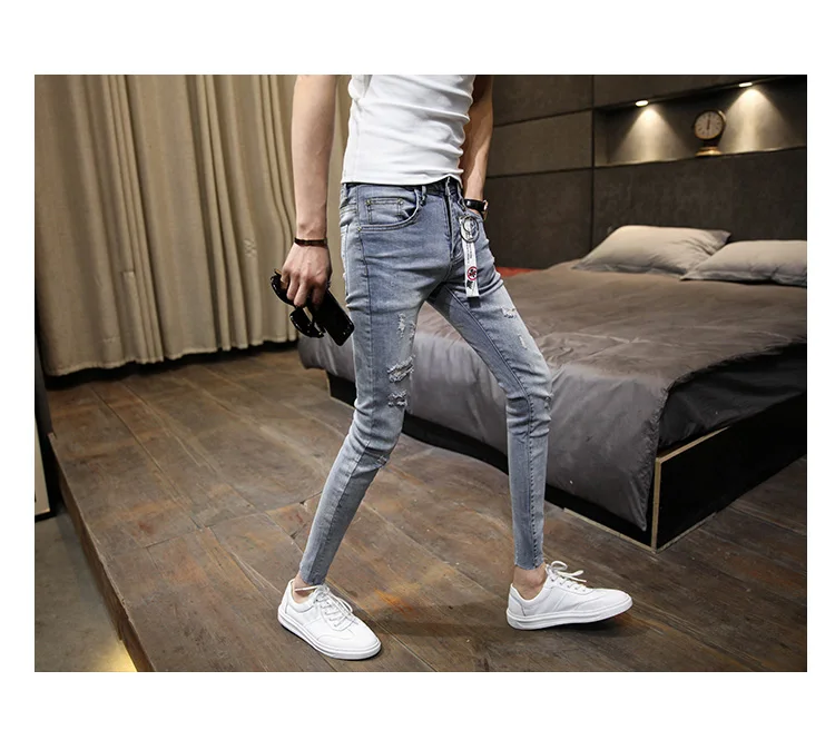 NEW spring autumn skinny strech Casual ripped hole fashion black teenagers hip hop cowboy denim leg jeans men pencil pants