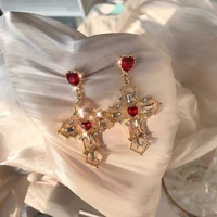 new retro trend design red heart crystal earrings gold color cross pendant rhinestone earrings for women jewelry party gift 2022