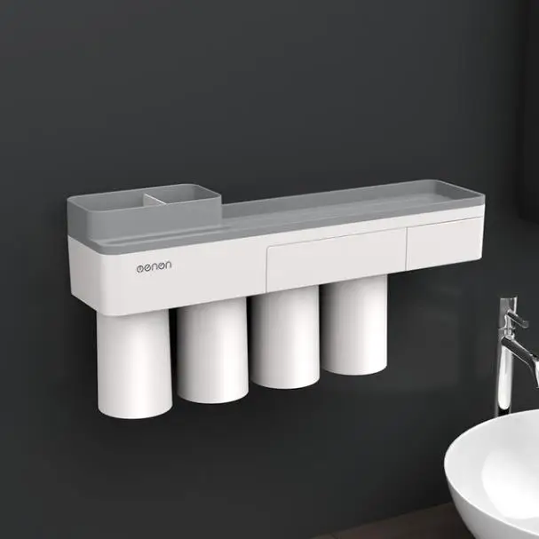 Gray 4 cups Магнитная Адсорбция перевернутый держатель зубной щетки макияж моющее средство телефон зубная паста ванная комната хранения настенное крепление ванной набор - Цвет: Gray 4 cups