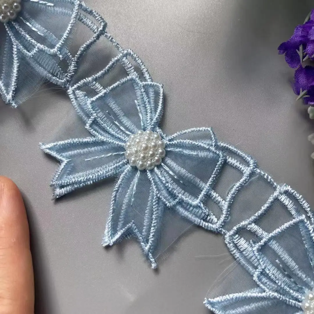 

20X синий бант 5,5 см жемчуг 3D цветок кисточка кружевная отделка лентой ткань вышитая аппликация шитье ремесло свадебное платье одежда