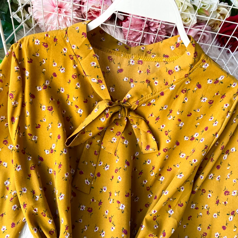 Летнее платье с цветочным принтом и длинным рукавом шифоновое пляжное бантом для