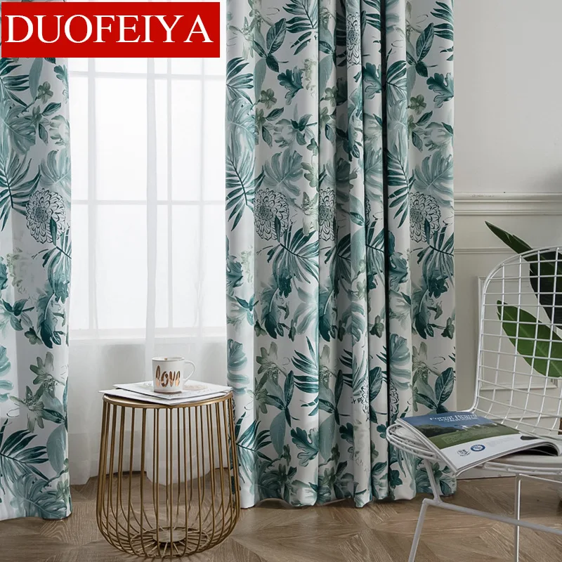 

Nordic Linen Printing Curtains for Bedroom Thickened American Linen Shade Curtains for Living Room Green Leaves