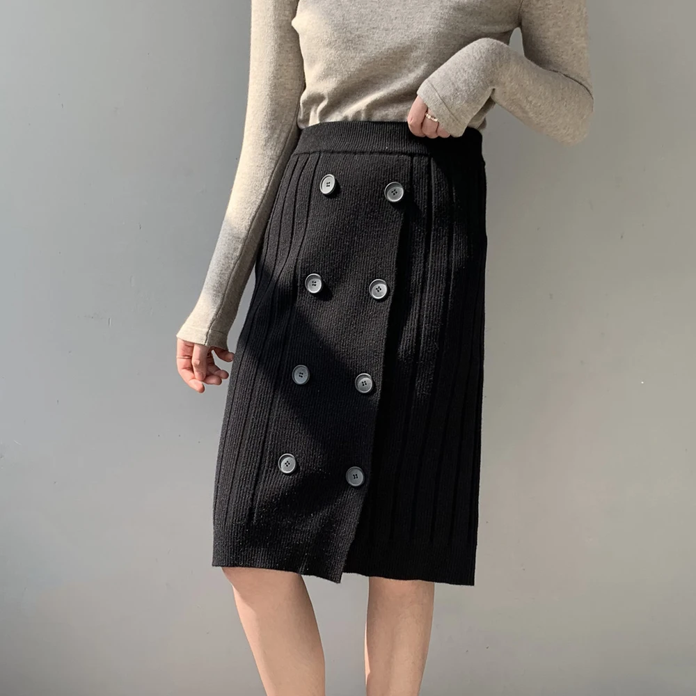 

2020 Fashion Button Decorated Winter Midi Knee Length Casual Kniteed Women Wool Skirt Faldas Jupe Femme Saia