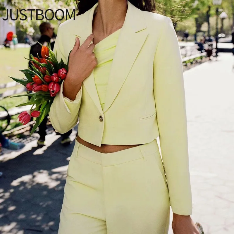 

Новинка 2021, модный костюм с коротким лацканом на одной пуговице, повседневная куртка, желтая трендовая куртка с длинным рукавом, женские Офи...