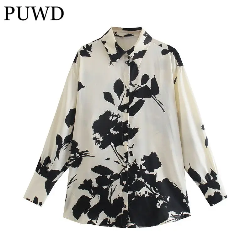

PUWD Oversize Women Turn-down Collar Blouse 2021 Autumn Fashion Ladies High Street Loose Shirt Female Flower Print Shirt Top