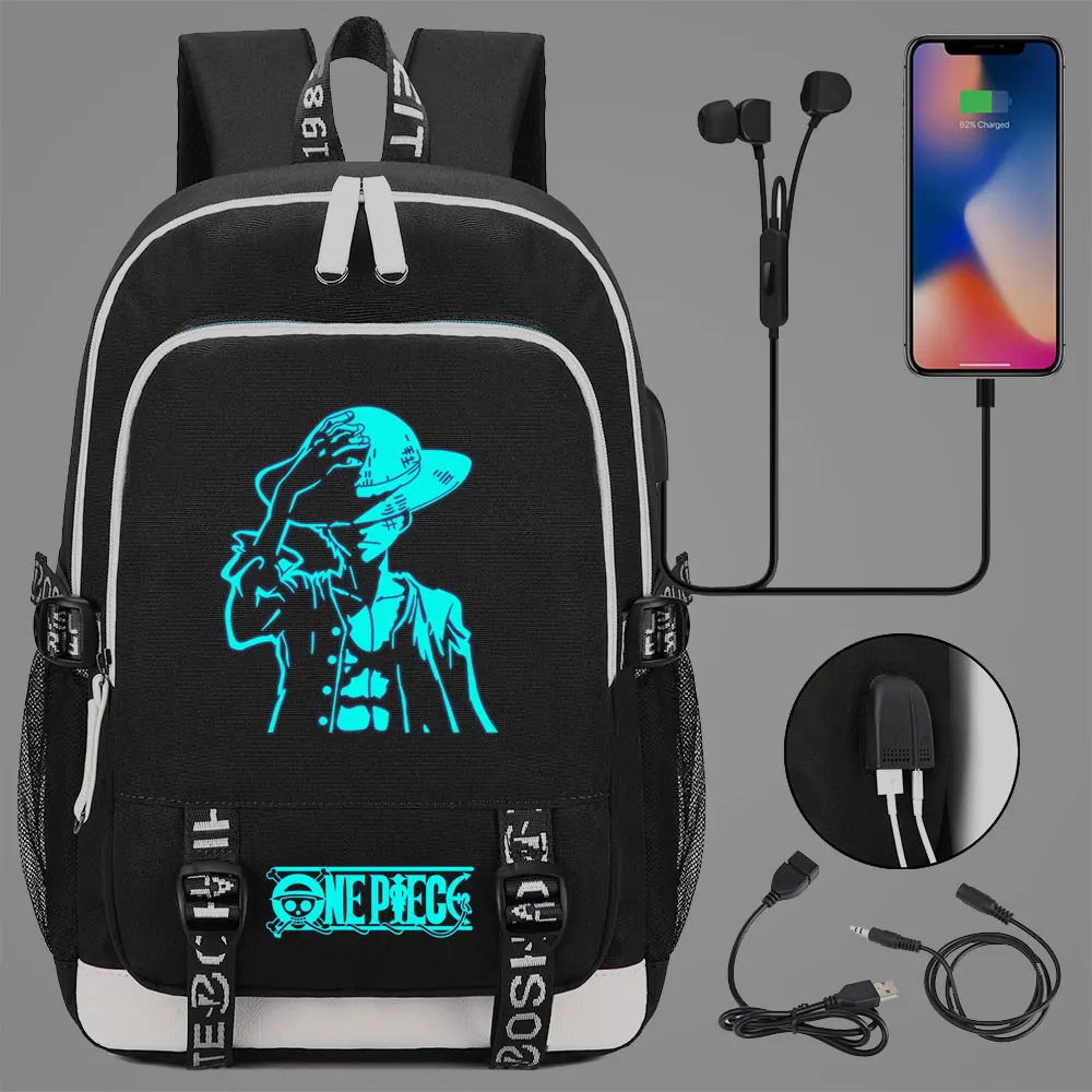 Светящийся рюкзак в стиле аниме Луффи с USB-разъемом для наушников мальчиков и
